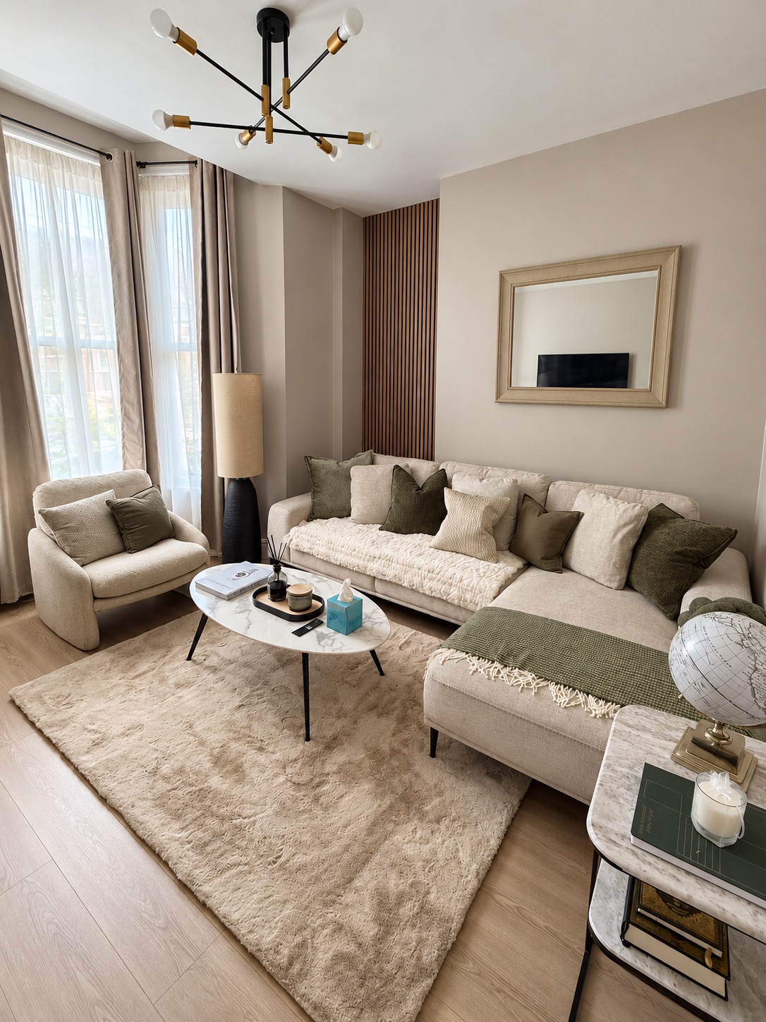 Completed Maida Hill living room with laminate flooring, timber wall panelling and painted walls.